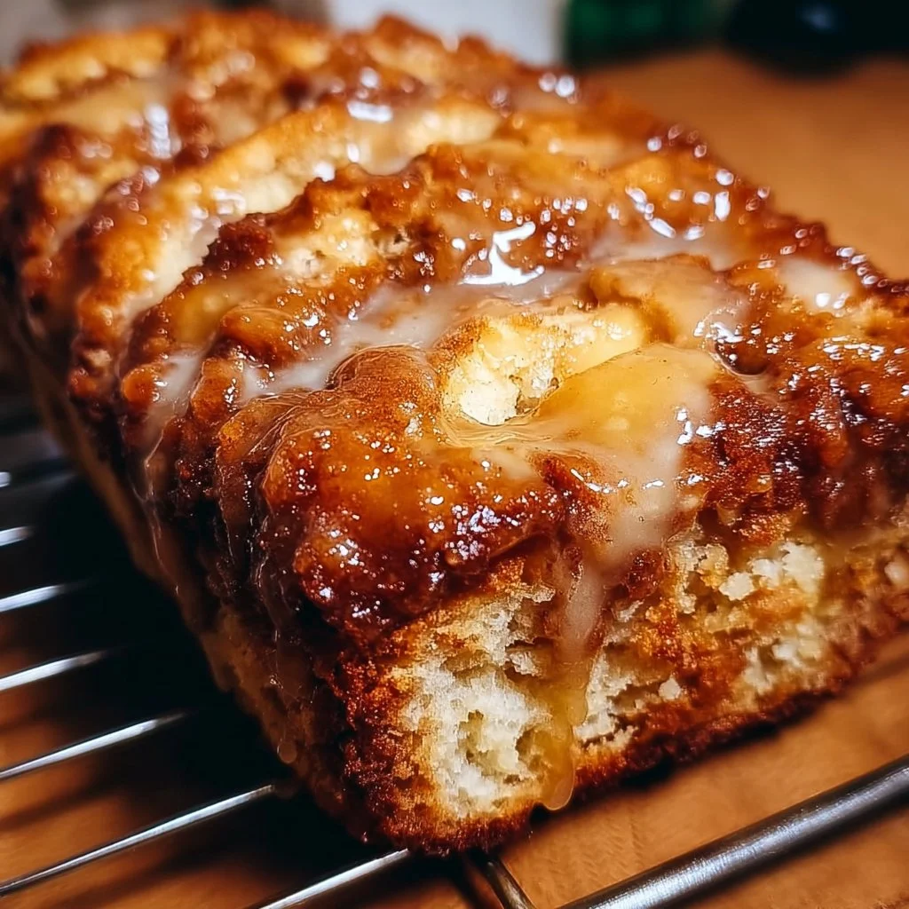 Freshly baked Amish apple fritter bread with chunks of apple and cinnamon.
