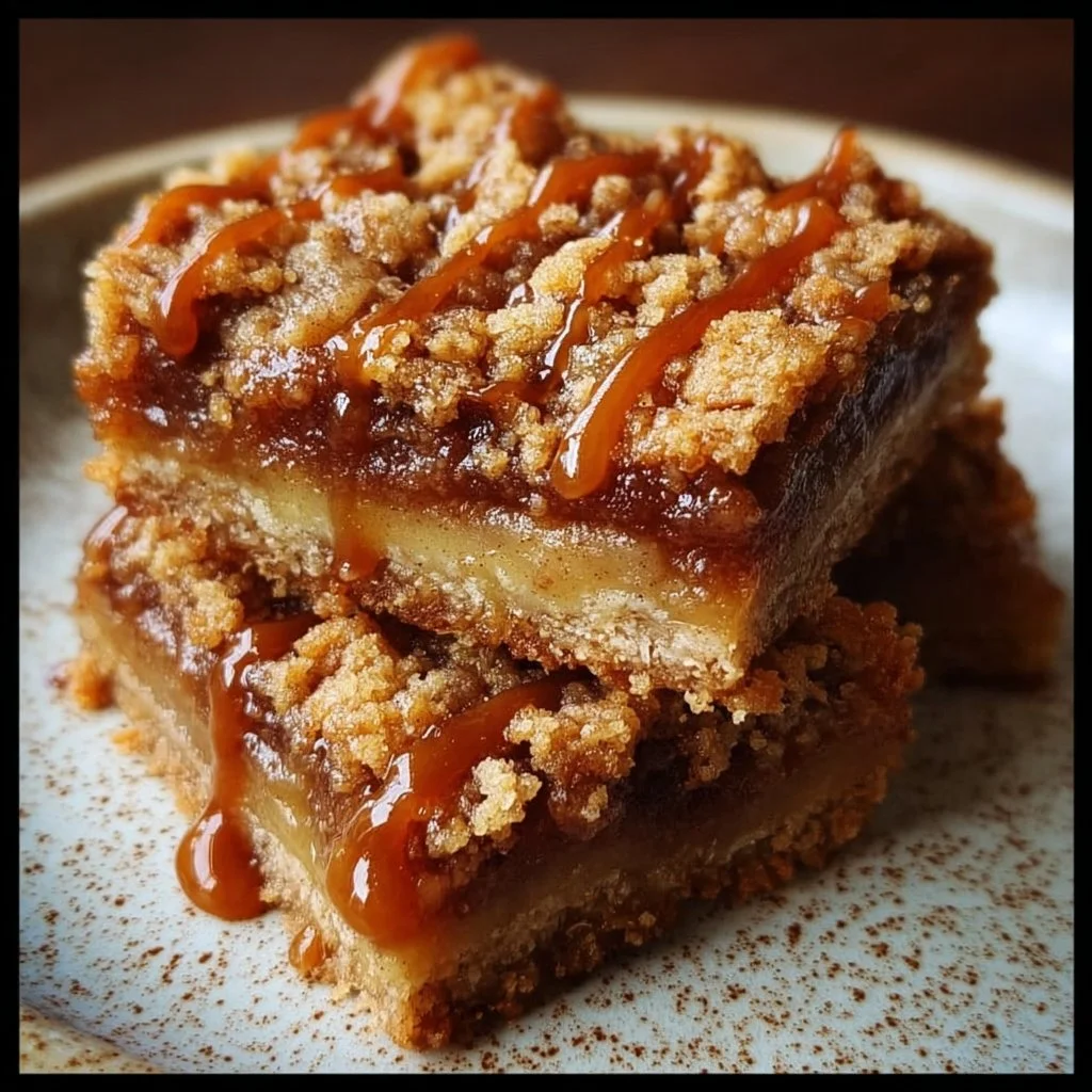 Delicious apple pie bars topped with caramel and cinnamon