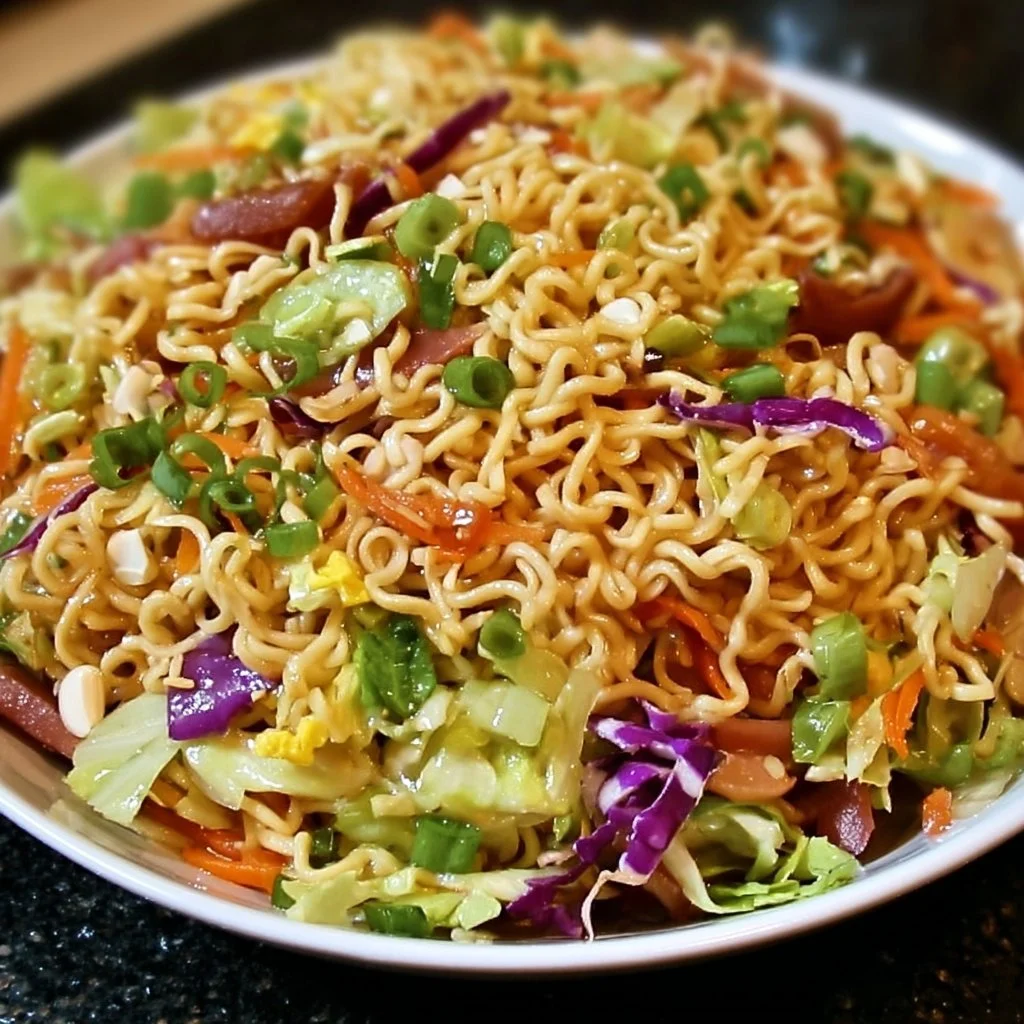 Bowl of vibrant Asian Ramen Salad with colorful vegetables and noodles