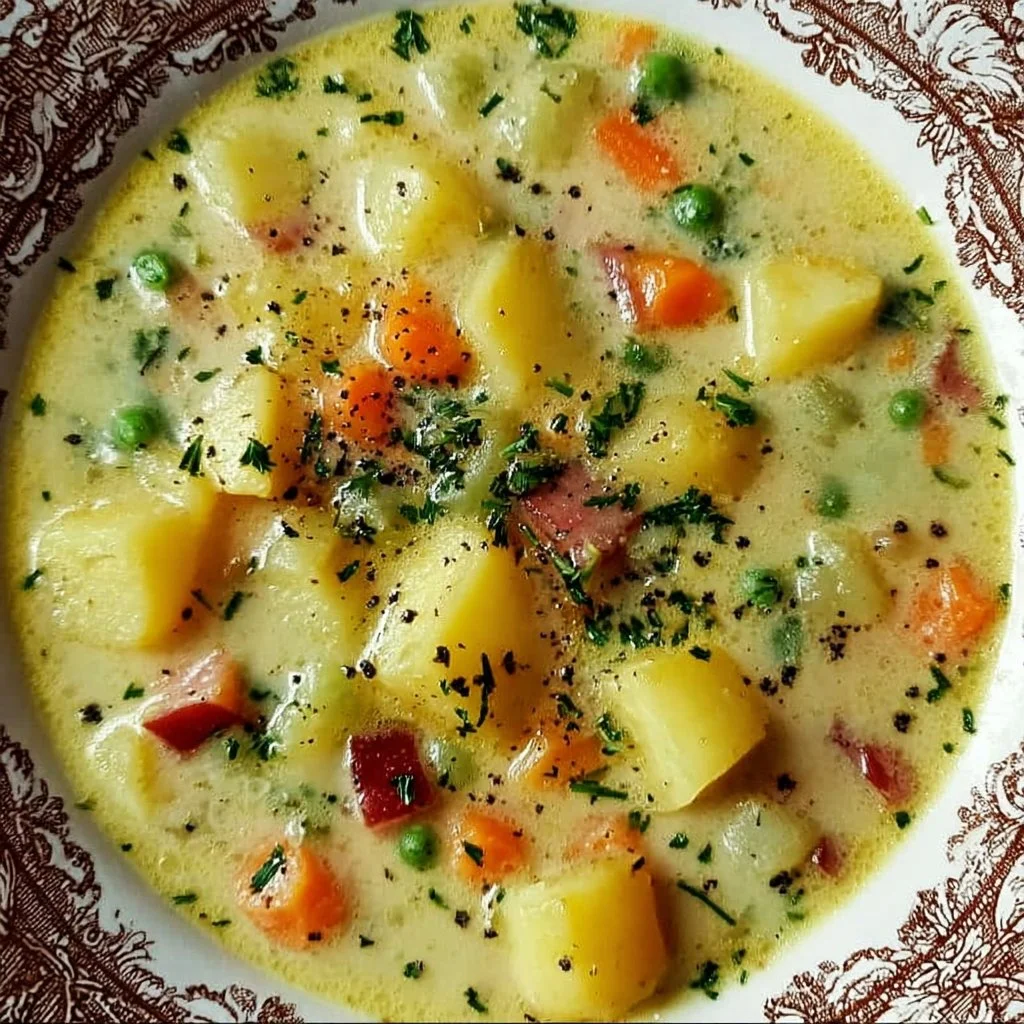 Bowl of authentic Polish Potato Soup with herbs and bread on the side