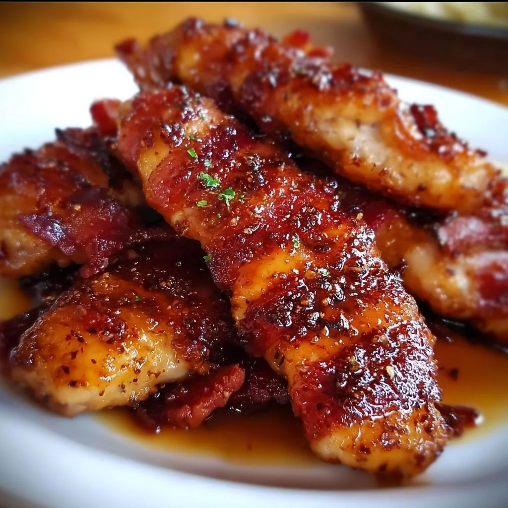 Bacon Brown Sugar Chicken Tenders served on a plate with fresh herbs.