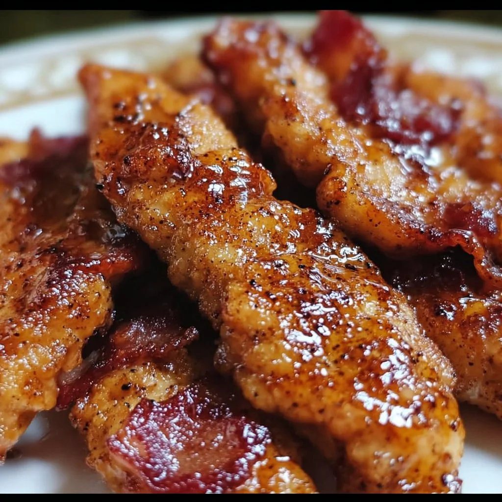 Delicious bacon brown sugar chicken tenders served on a plate.