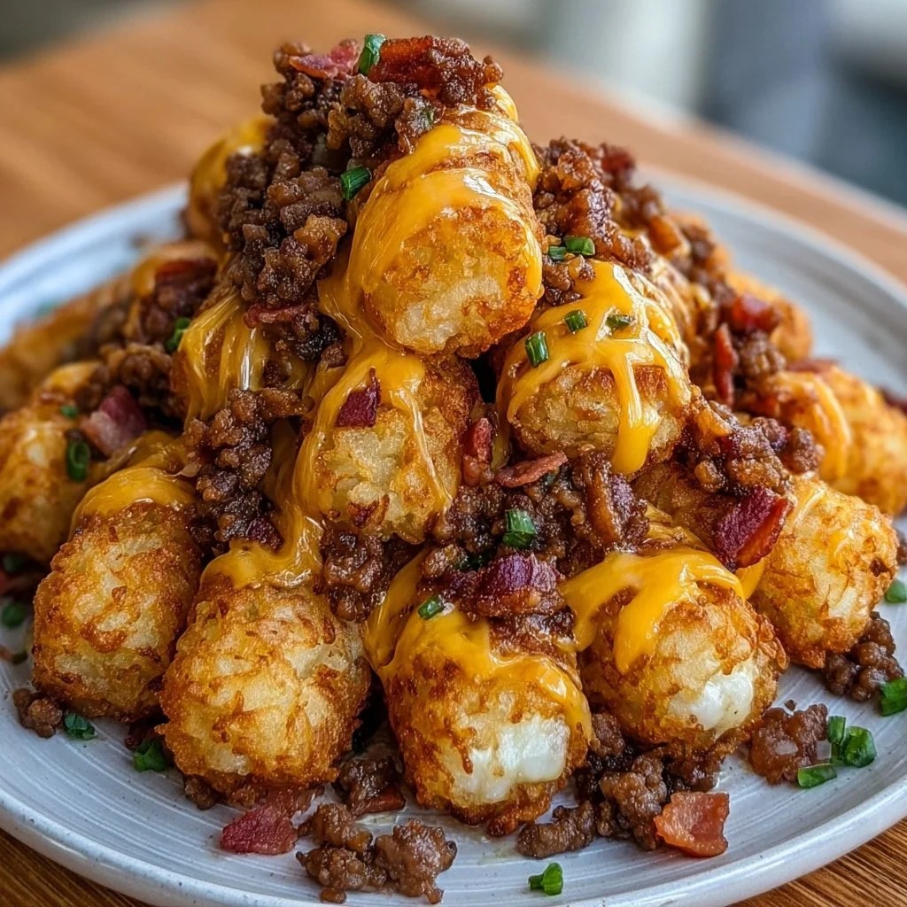 Bacon cheeseburger stuffed tater tot cones filled with melted cheese and bacon
