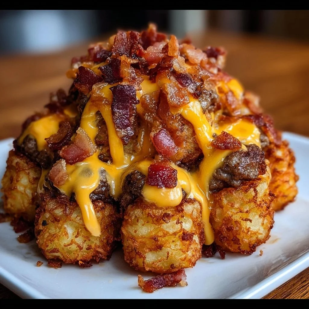 Bacon cheeseburger stuffed tater tot cones garnished with pickles and cheese