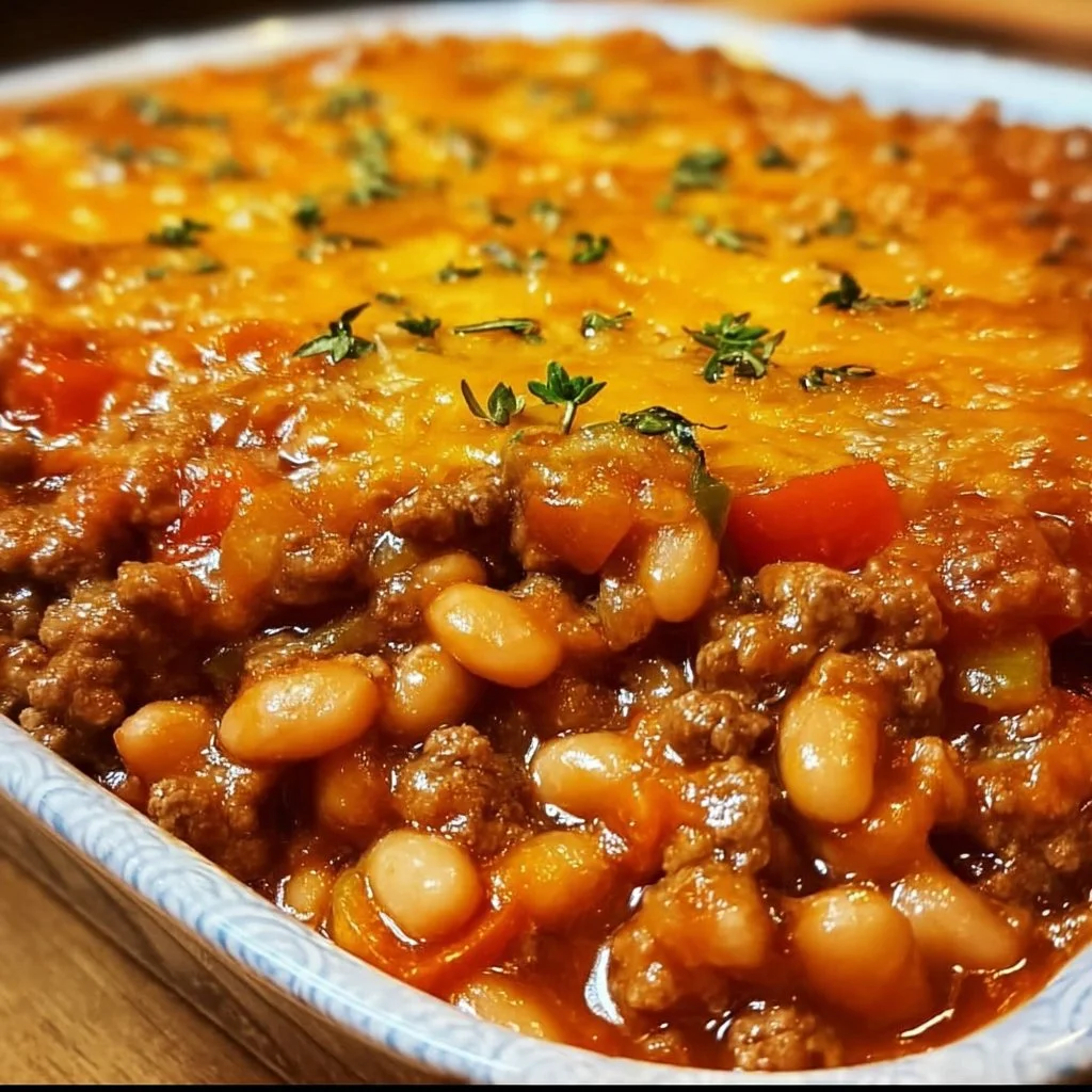 Baked beans casserole with ground beef served in a baking dish