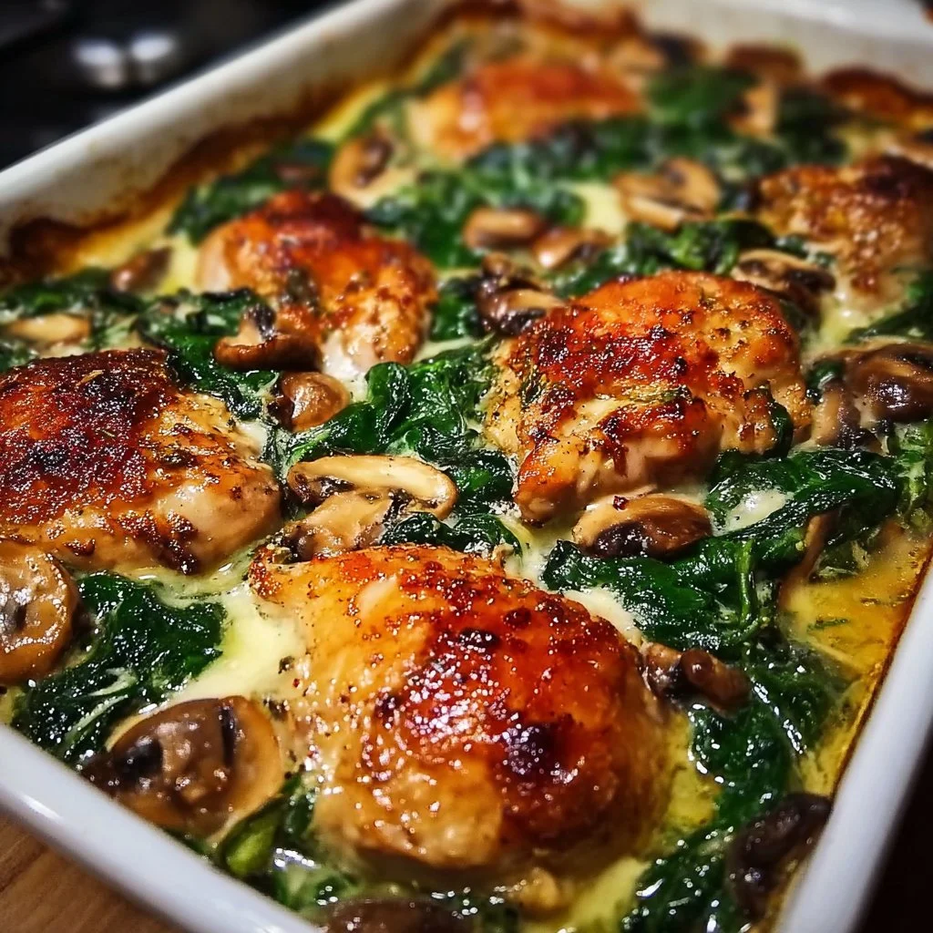 Baked chicken with spinach and mushrooms in a low-carb oven dish