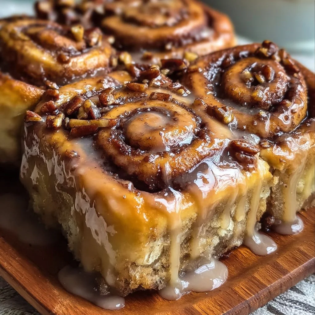 Delicious banana bread cinnamon rolls topped with creamy icing on a plate