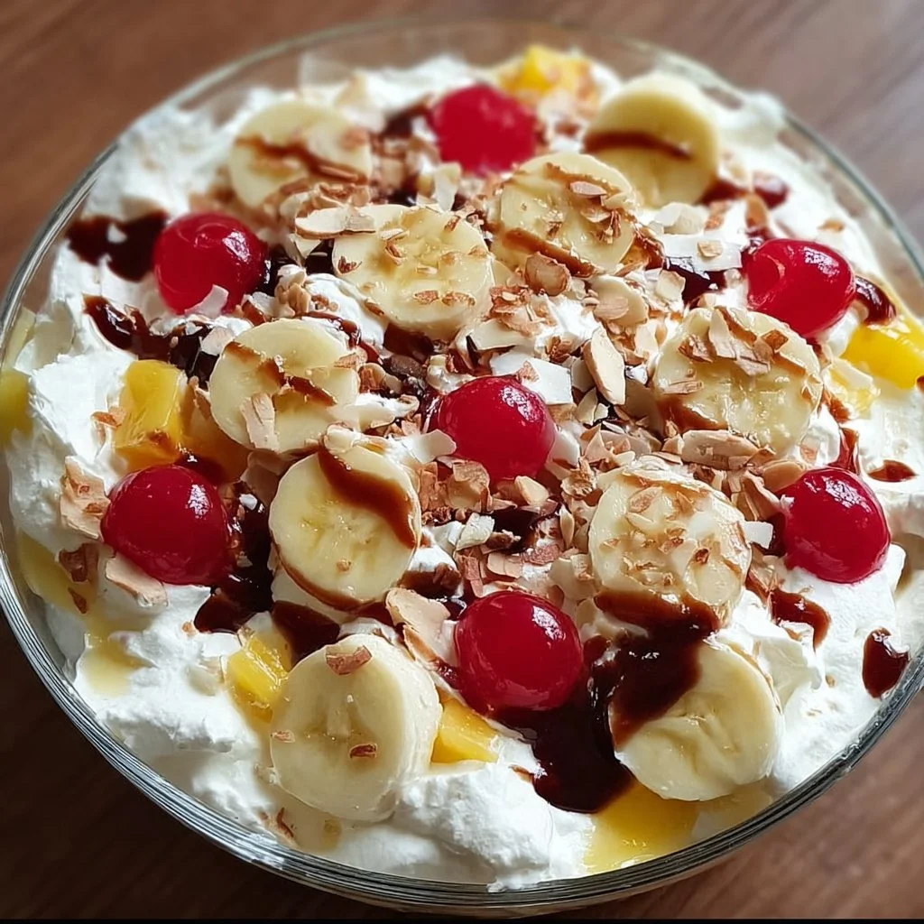 Delicious bowl of Banana Split Fluff topped with whipped cream and fruit.