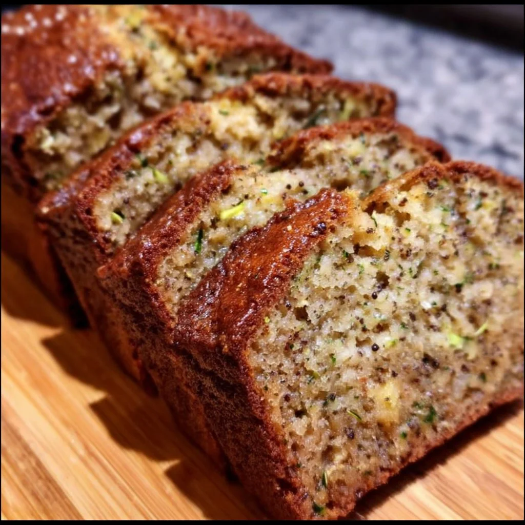 A slice of banana zucchini bread on a wooden table with fresh ingredients