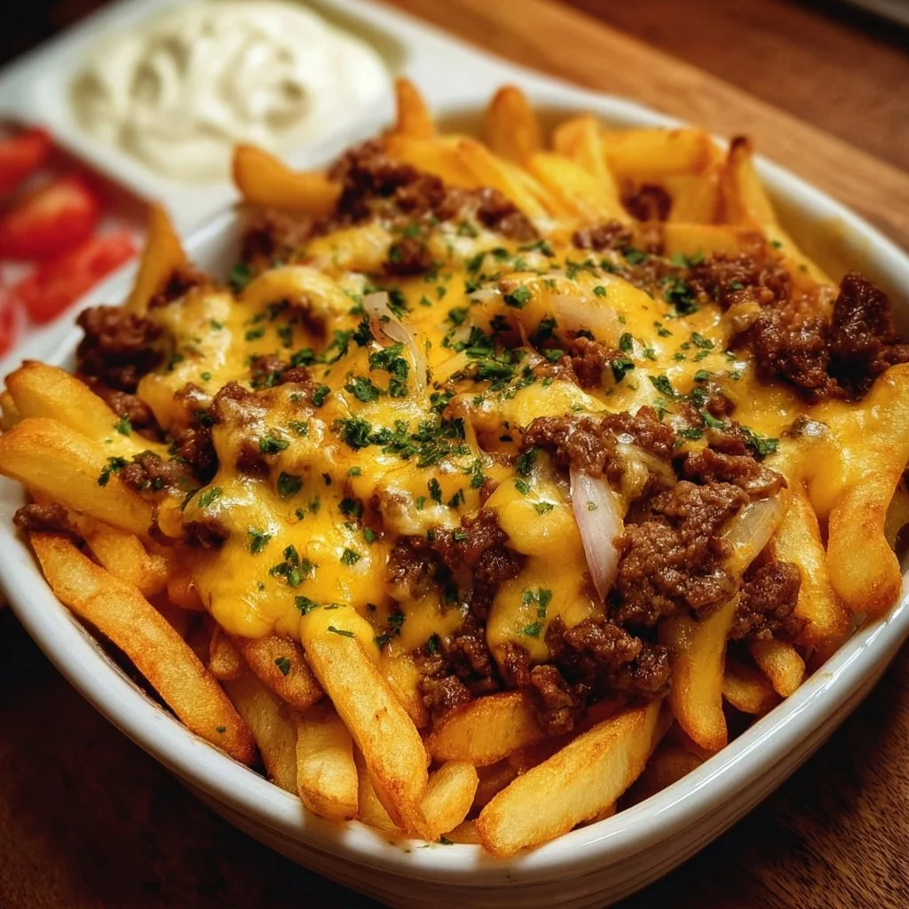 Beef and French Fries Casserole recipe with melted cheese
