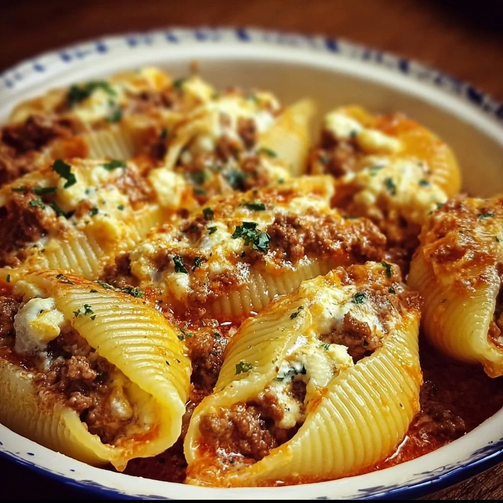 Beef and Ricotta-Stuffed Shells in creamy sauce, a delicious pasta dish