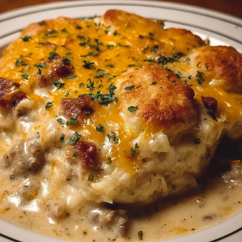 Delicious Biscuits & Gravy Hashbrown Casserole served in a rustic dish.