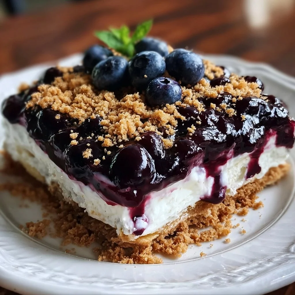No-Bake Blueberry Delight Dessert topped with fresh blueberries