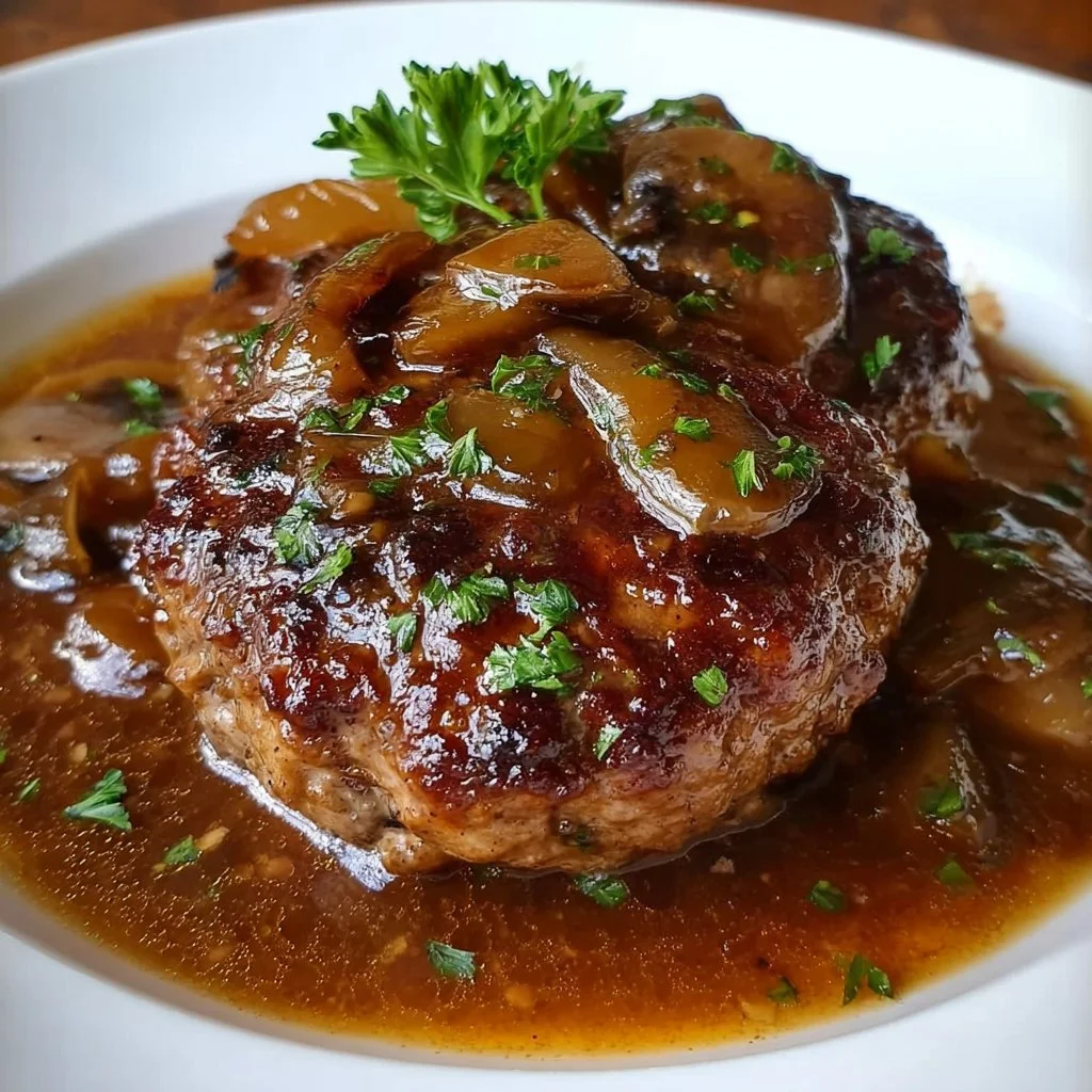 Bobby Flay's delicious Salisbury steak topped with savory gravy and garnished.