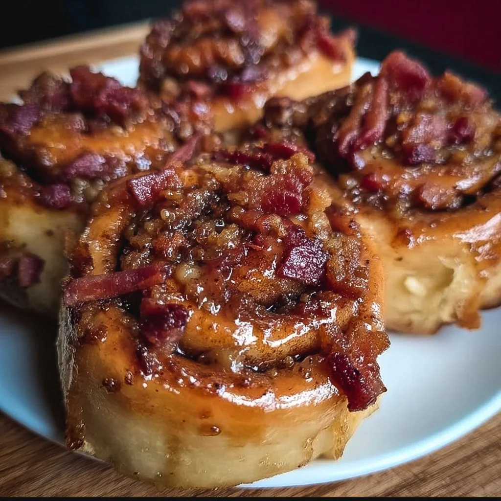 Decadent Bourbon Maple Bacon Cinnamon Rolls topped with bourbon glaze and crispy bacon.