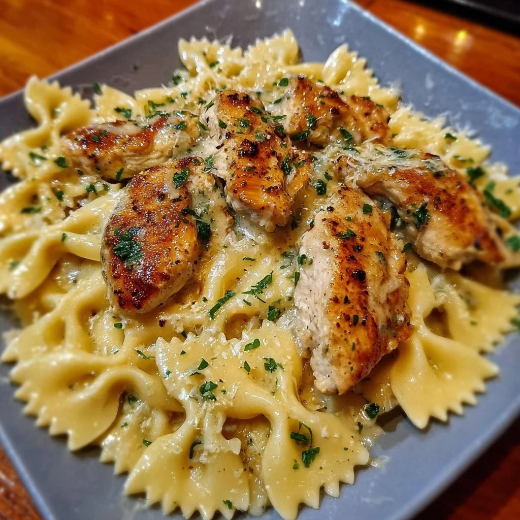 Bowtie pasta with creamy lemon garlic chicken and parmesan sauce