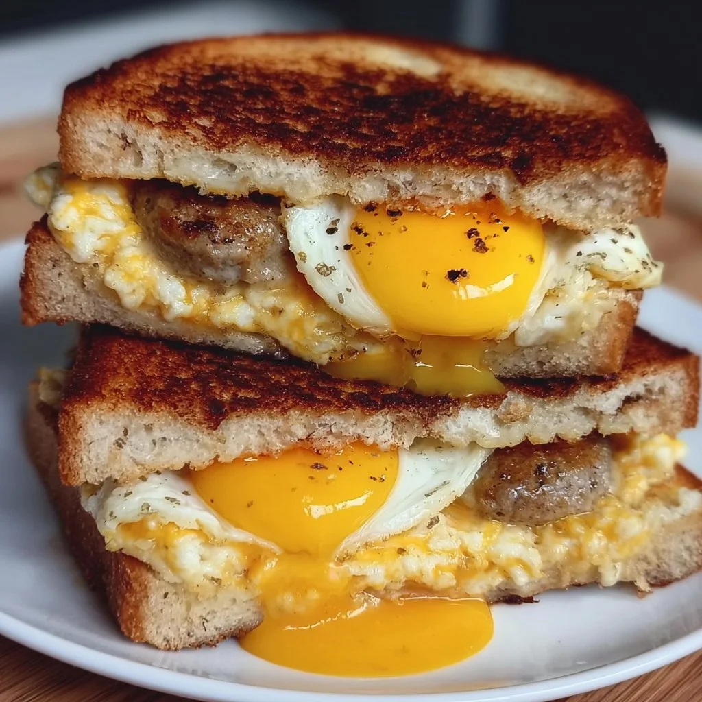 Delicious breakfast grilled cheese sandwich with eggs, perfect for a morning meal.