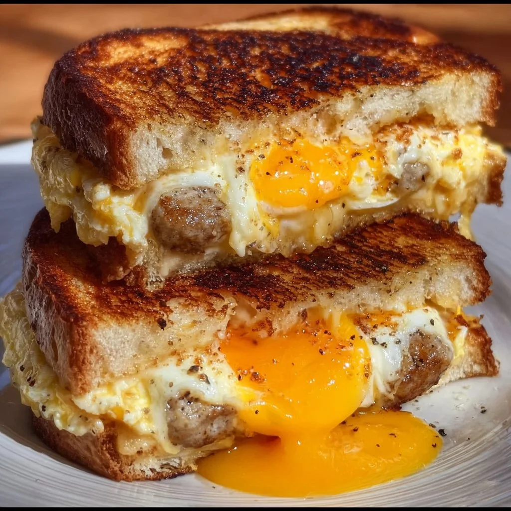 Breakfast grilled cheese sandwich with eggs for a delicious morning meal