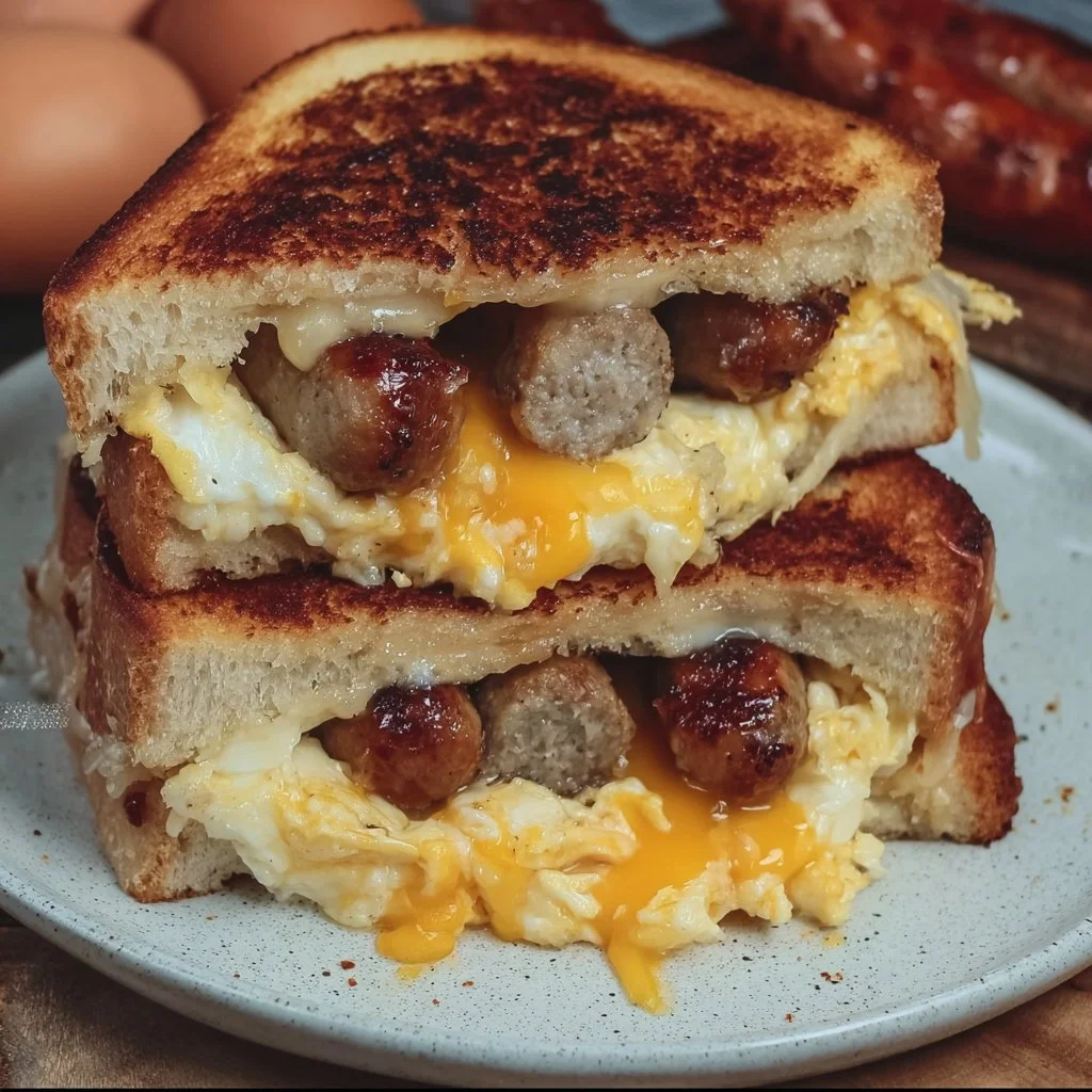 Breakfast grilled cheese sandwich with eggs and sausage on a plate.
