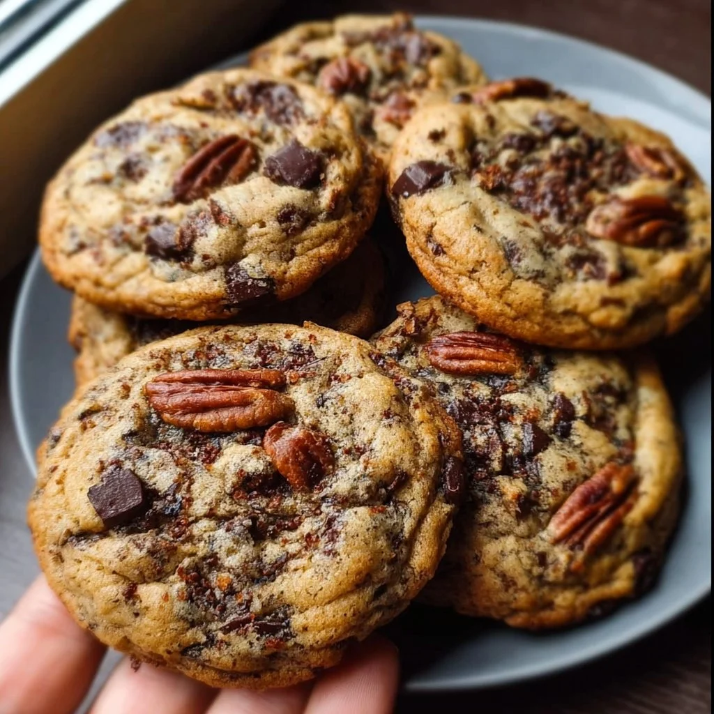 Brown butter bourbon pecan chocolate chunk cookies on a wooden table.