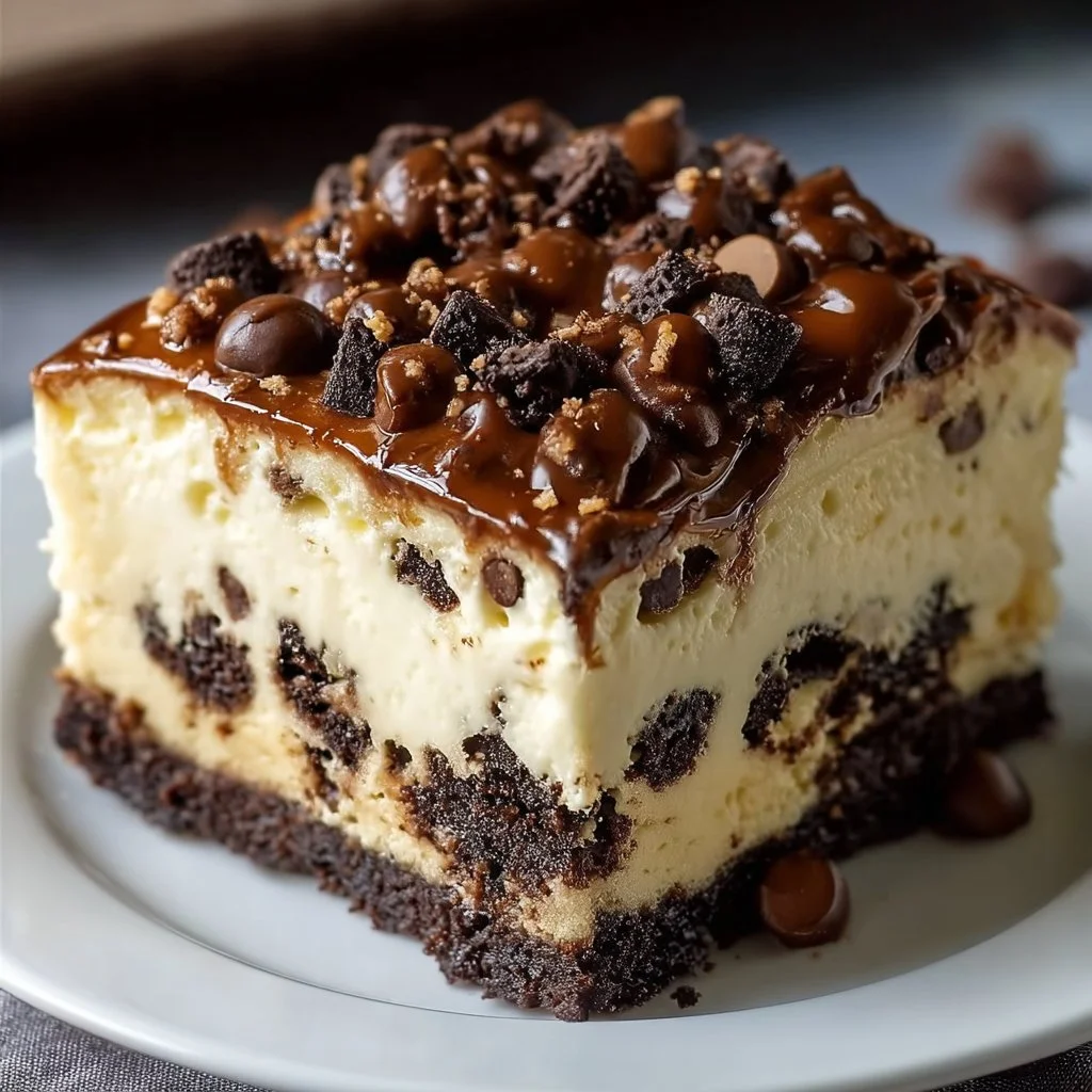 Delicious Brownie Layered Cookie Dough Cheesecake with chocolate and cookie dough layers