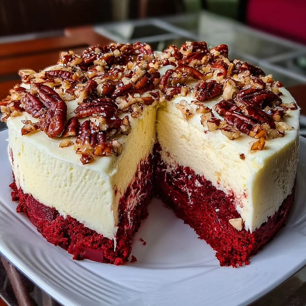 Delicious Butter Pecan Red Velvet Cheesecake topped with pecans and cream cheese frosting.