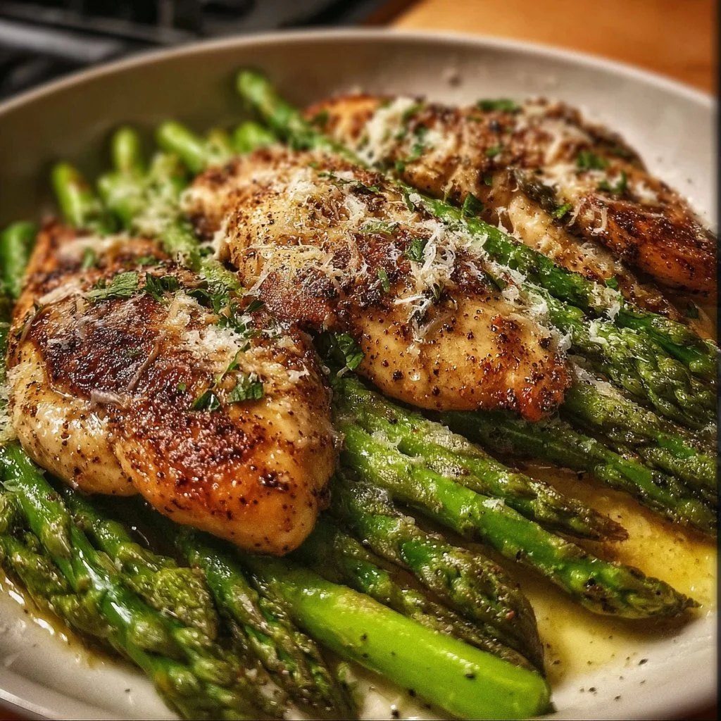 Plate of Caesar Chicken with Asparagus garnished with parmesan and croutons