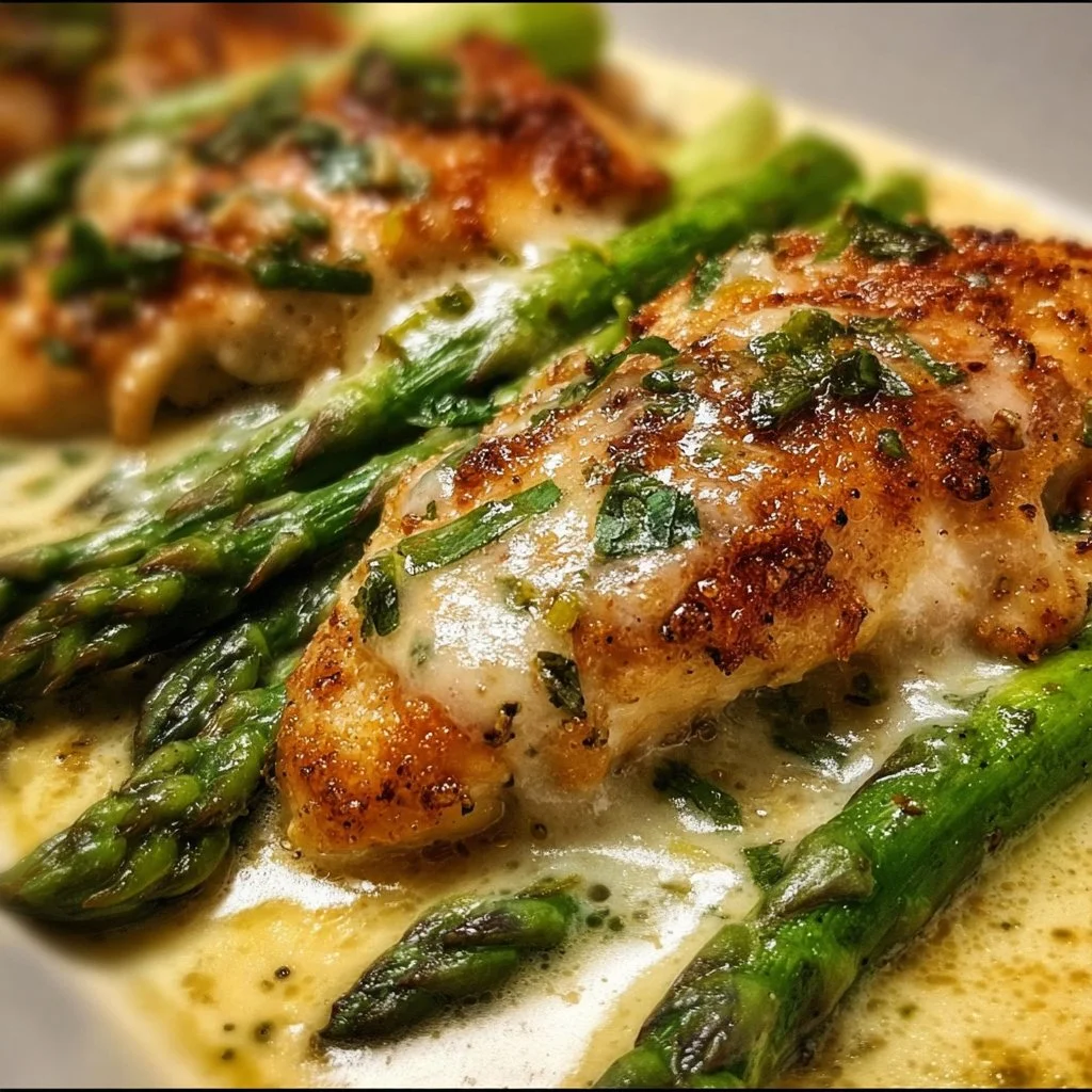 Delicious Caesar Chicken with Asparagus on a plate