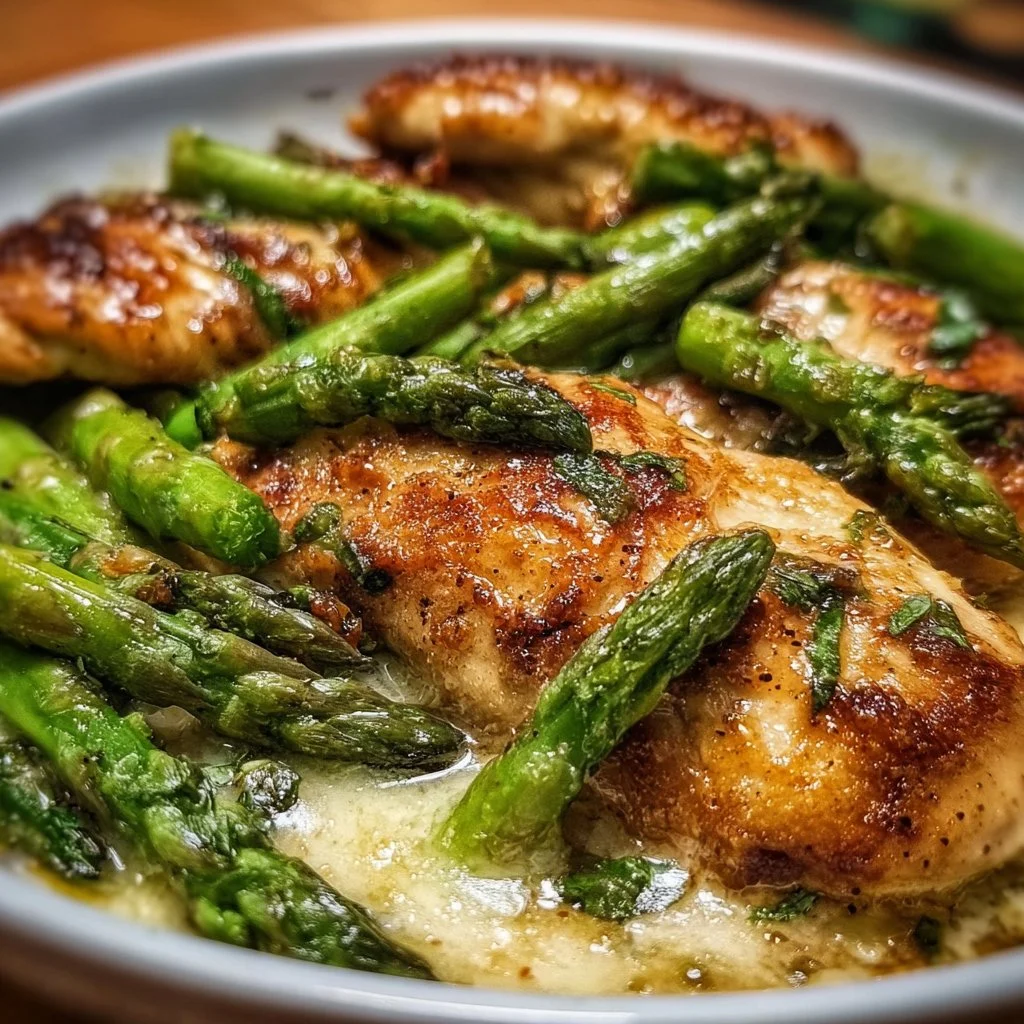 A delicious plate of Caesar Chicken with fresh asparagus garnished with parmesan.