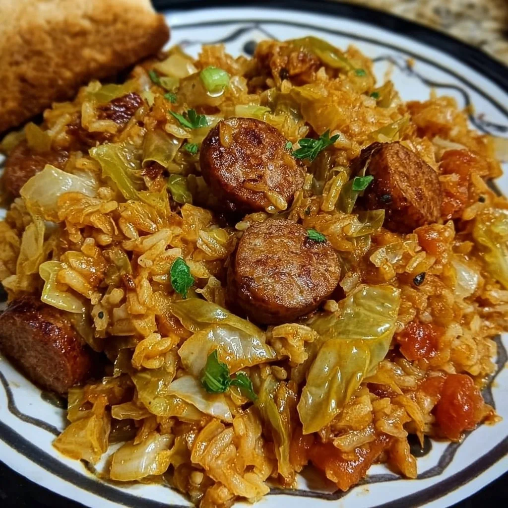 Cajun Cabbage Jambalaya with Sausage and Rice dish