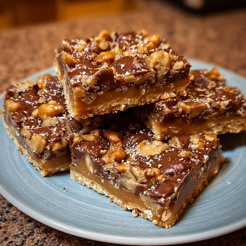 Deliciously baked Cake Mix Toffee Bars topped with chocolate and nuts.