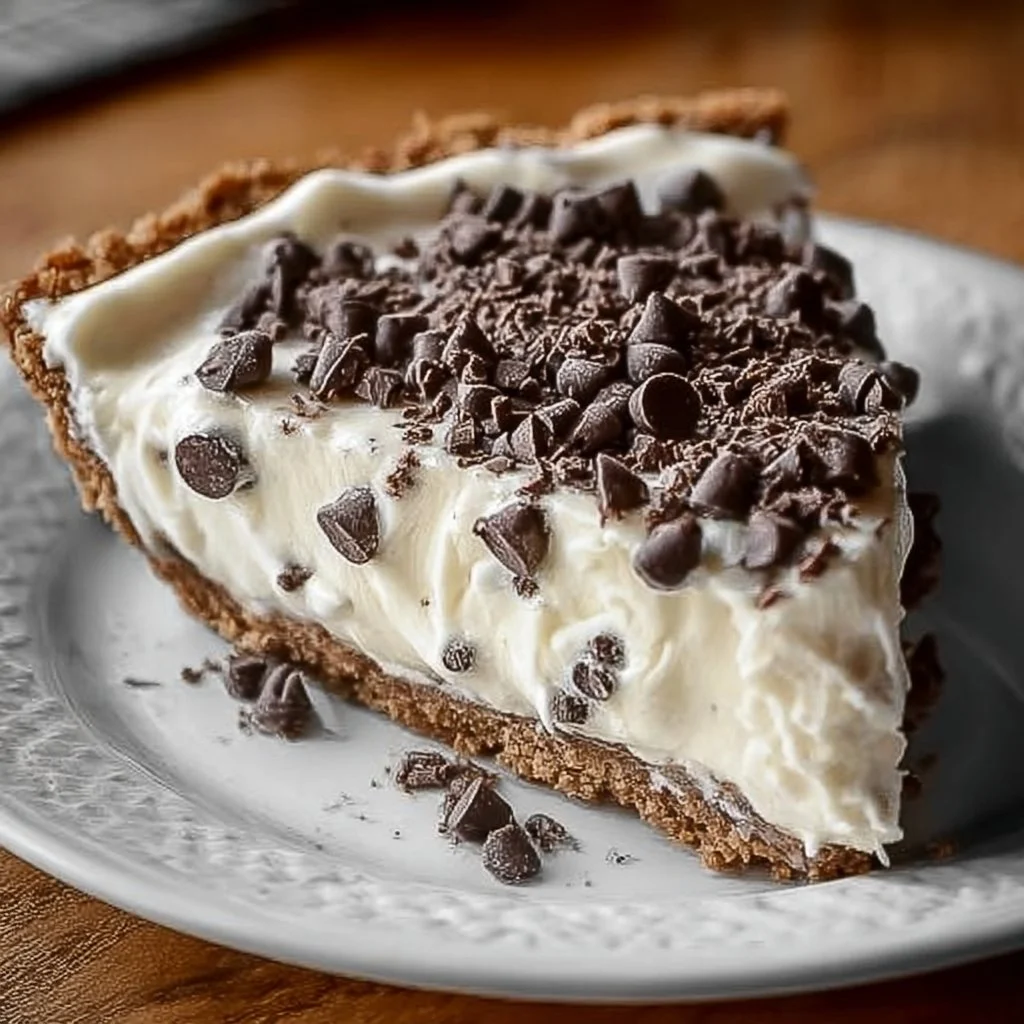A delicious no-bake cannoli cream pie topped with chocolate chips and whipped cream.