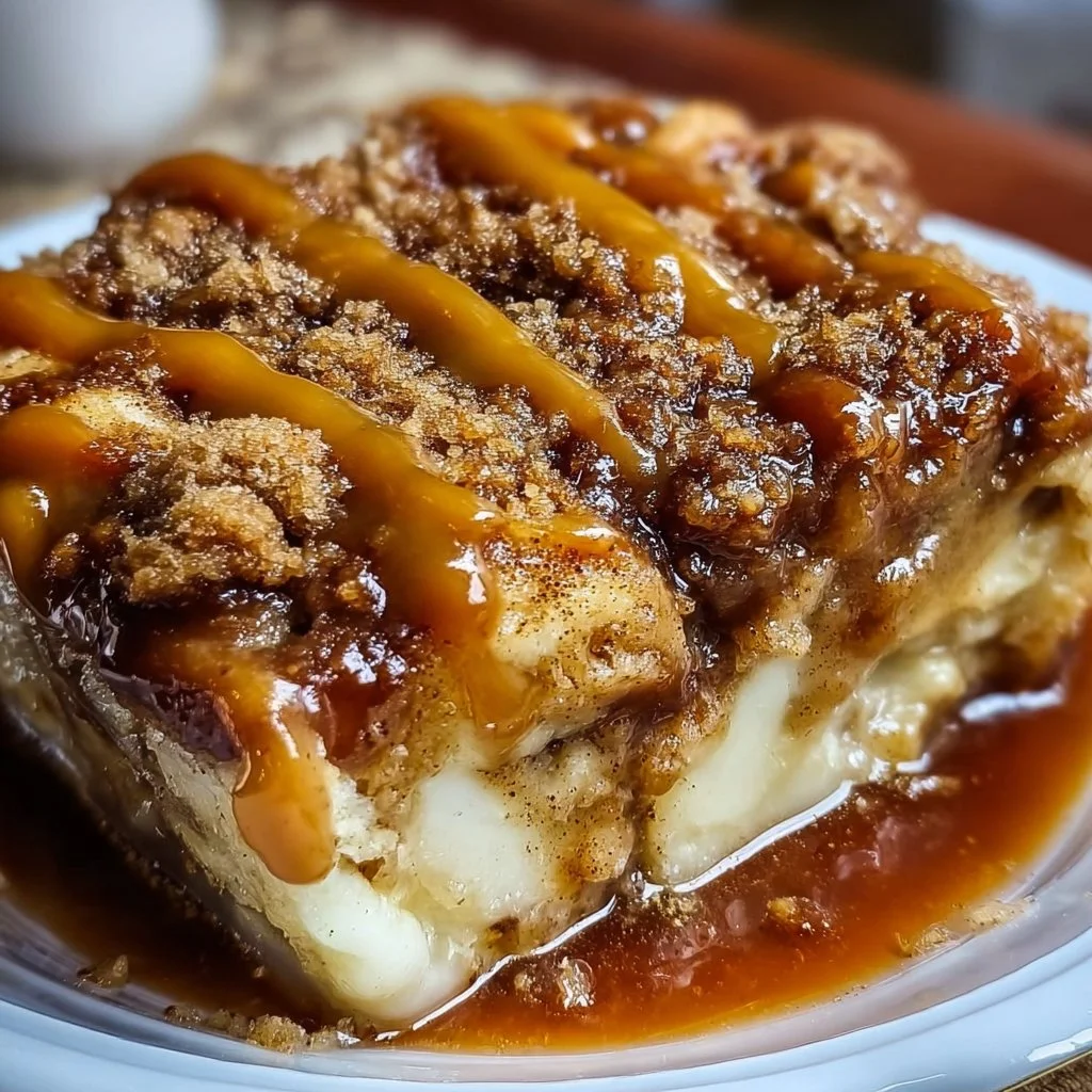 Caramel apple cinnamon roll dump cake topped with caramel sauce and apples.