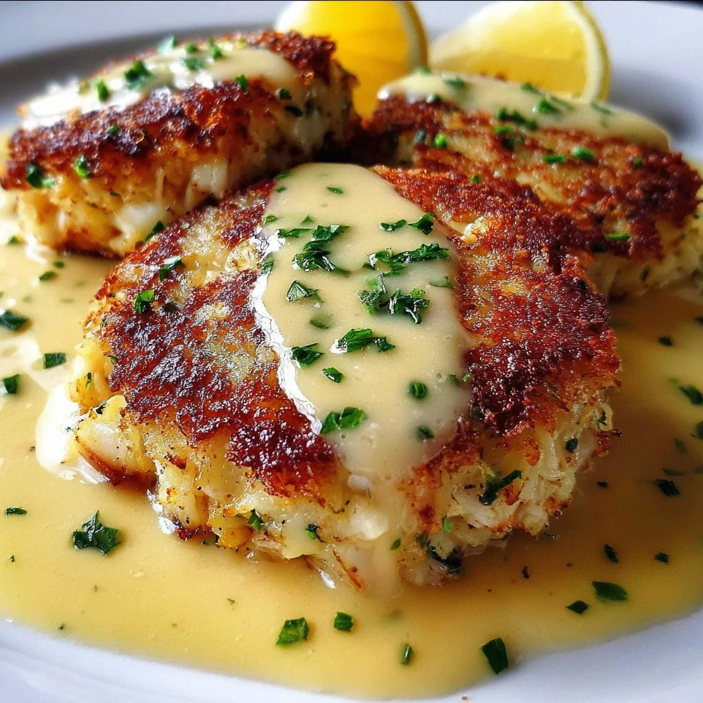 Cheddar Bay crab cakes with lemon butter drizzle on a plate