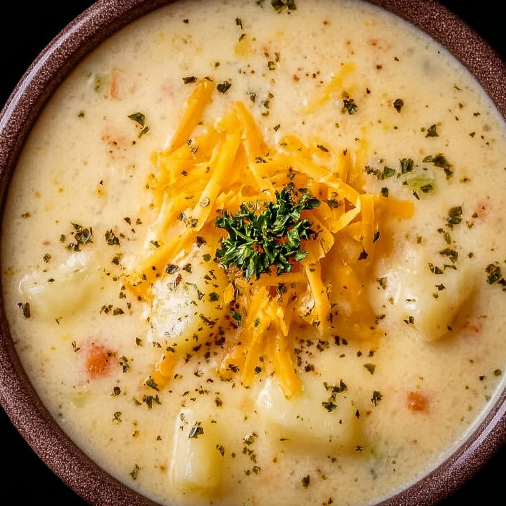 Creamy cheddar potato soup in a bowl with toppings