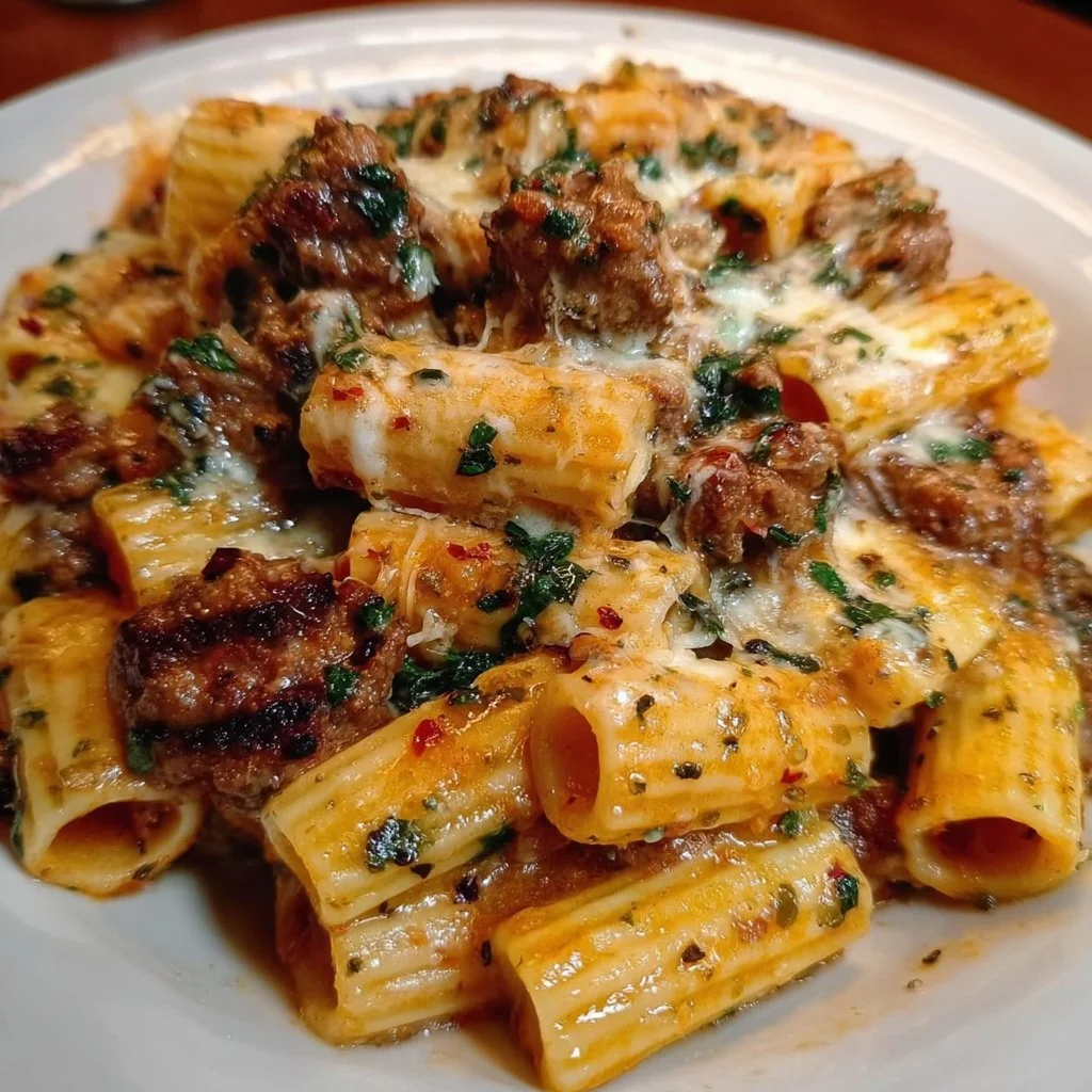 Cheesy beef and Italian sausage rigatoni in garlic butter sauce topped with herbs