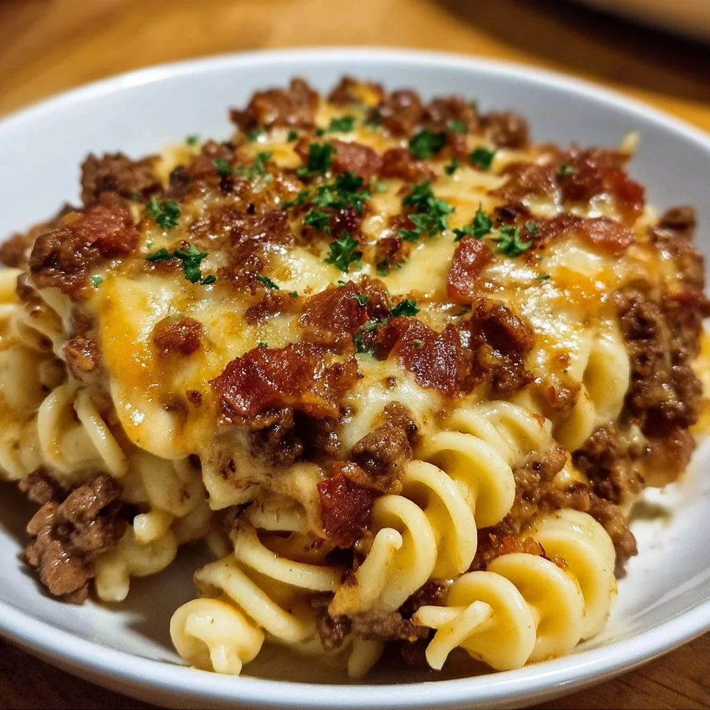 Cheesy beef pasta bake topped with melted cheese and herbs