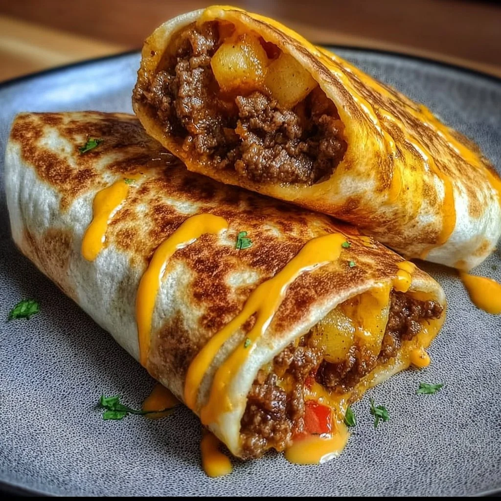Cheesy beef and potato burritos drizzled with nacho sauce on a plate
