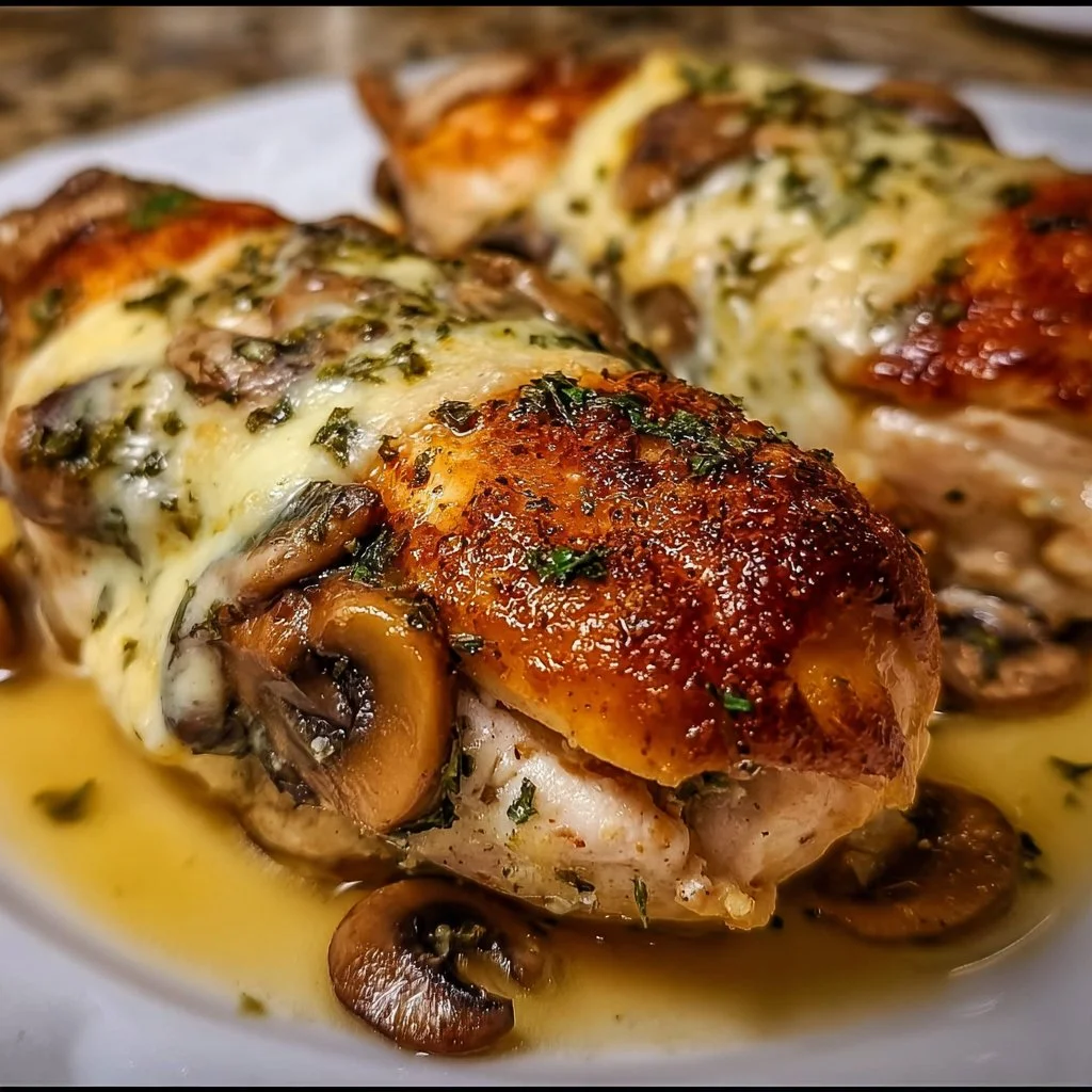 Cheesy garlic butter mushroom stuffed chicken on a plate garnished with herbs.