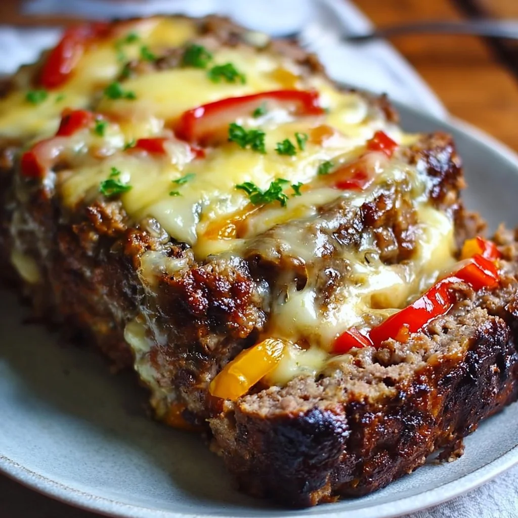Cheesy Philly Meatloaf with Steak and Peppers served on a plate