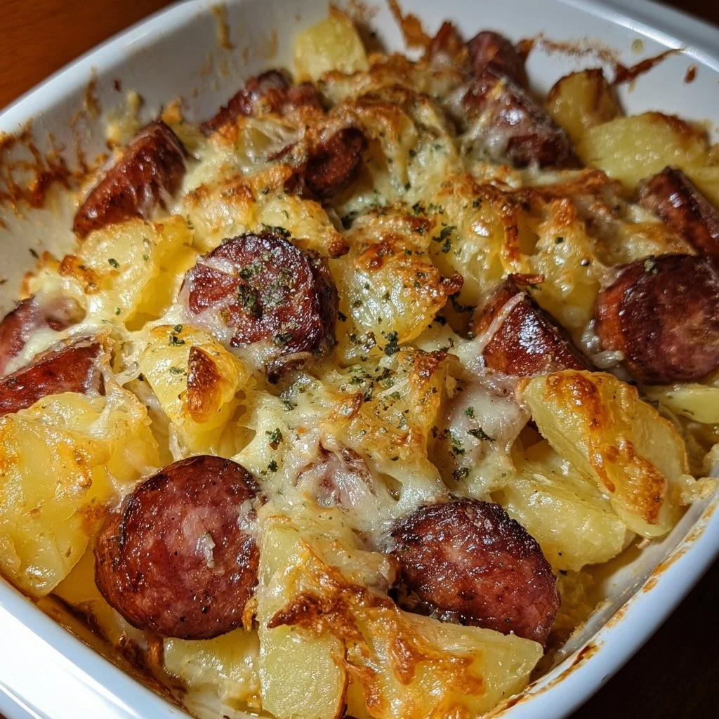 Cheesy ranch potatoes and smoked sausage served in a bowl
