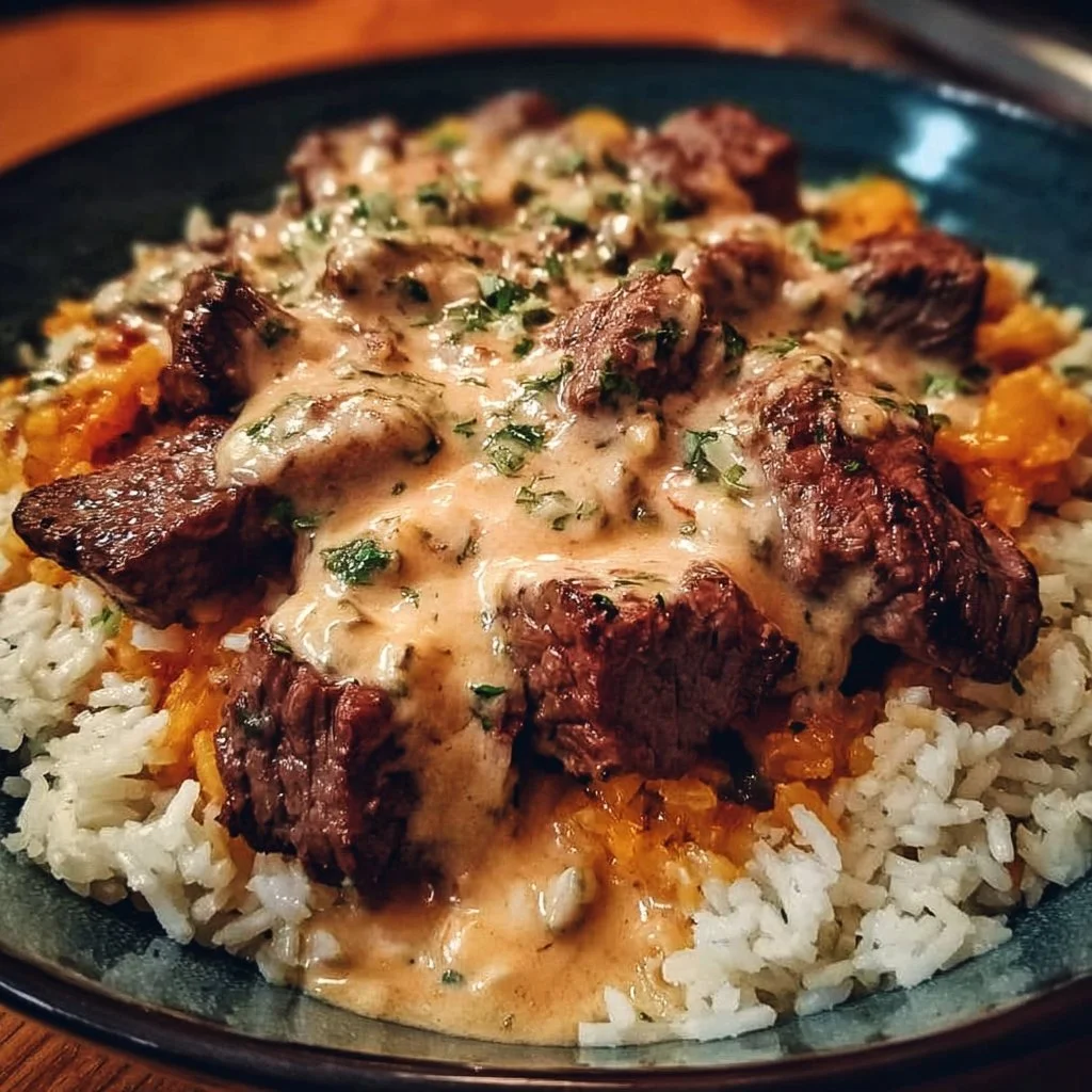 Delicious Cheesy Steak Queso Rice served in a bowl with toppings