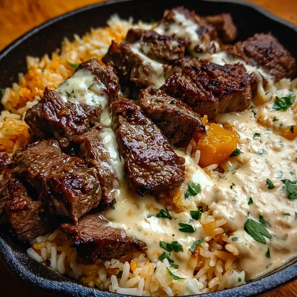 Cheesy steak served with flavorful queso rice, a delicious meal option.