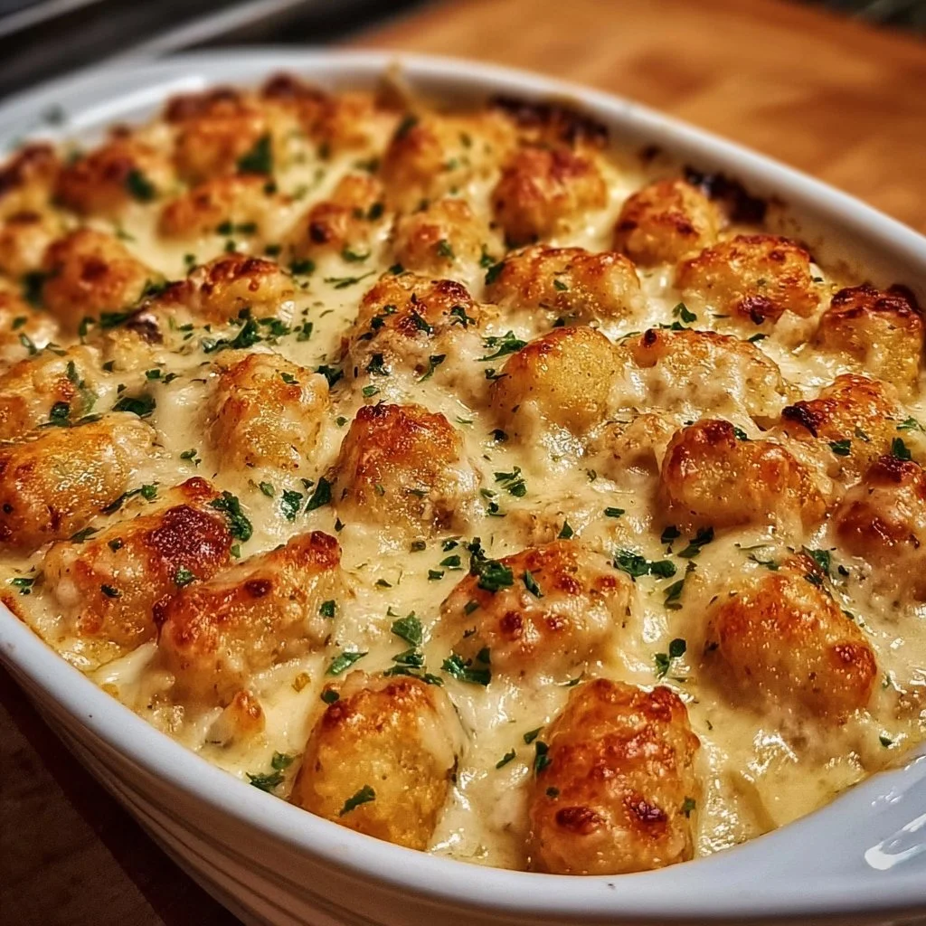 Delicious Chicken Alfredo Tater Tot Casserole topped with cheese and parsley.