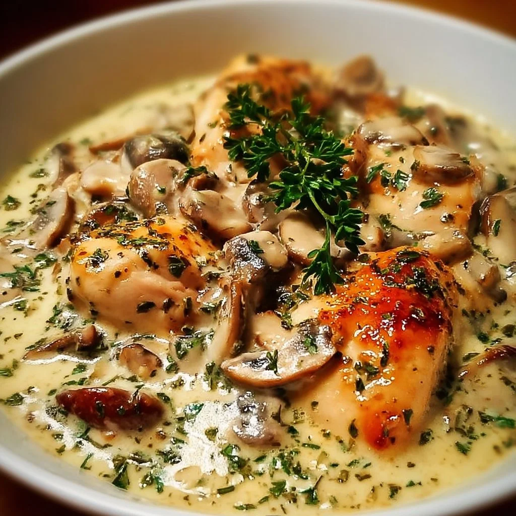 Delicious chicken and mushrooms in a creamy sauce served on a plate