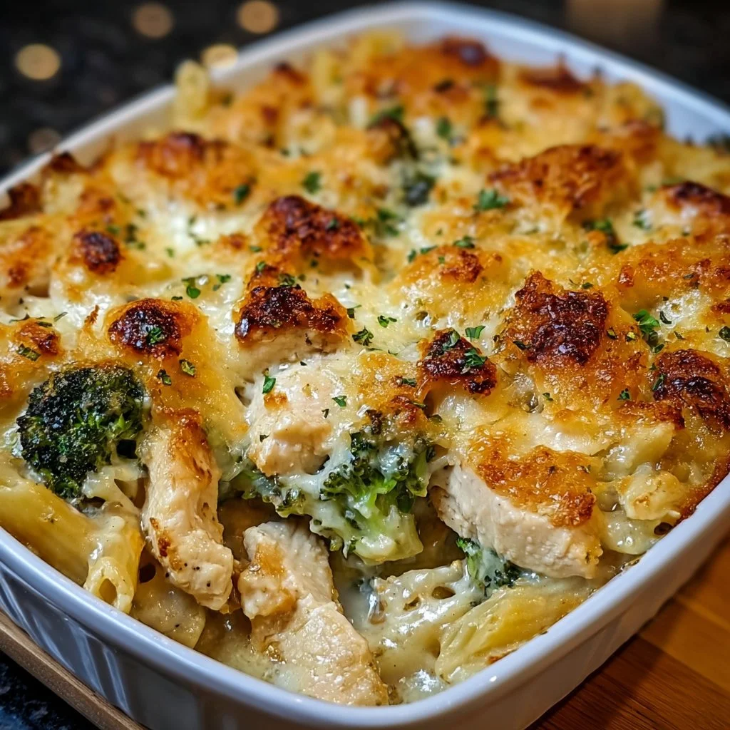 Delicious Chicken Broccoli Alfredo Bake with a crispy topping served in a dish