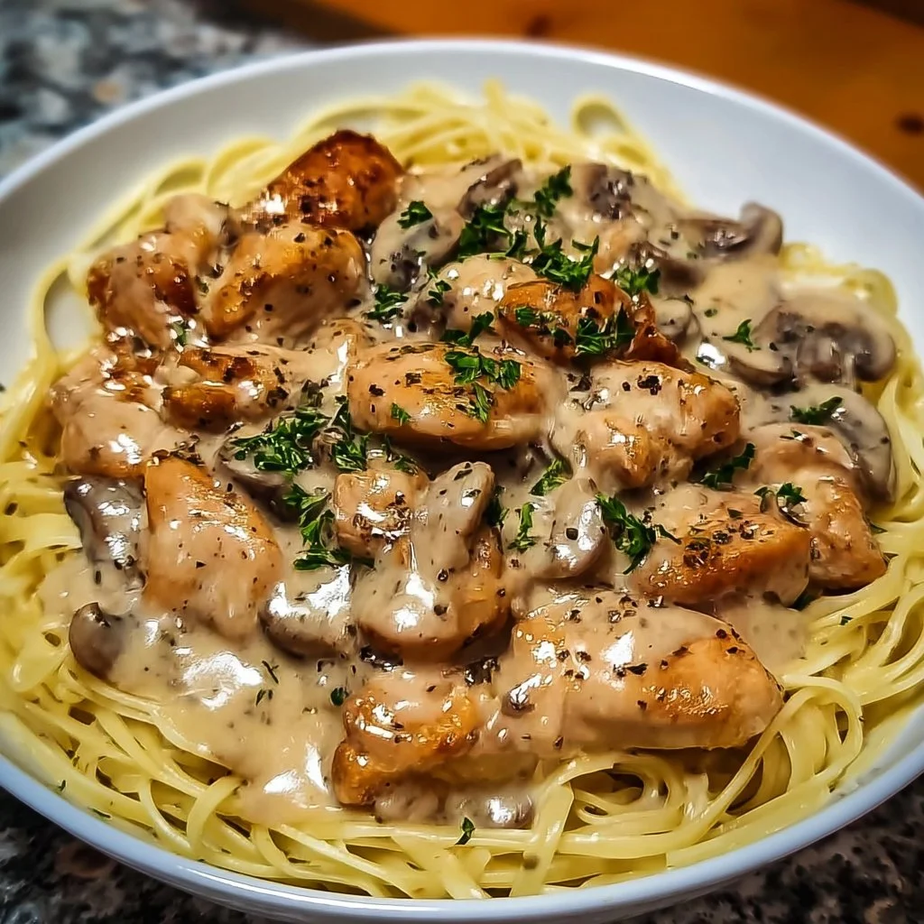 Plate of Chicken Marsala Pasta in a creamy sauce garnished with herbs