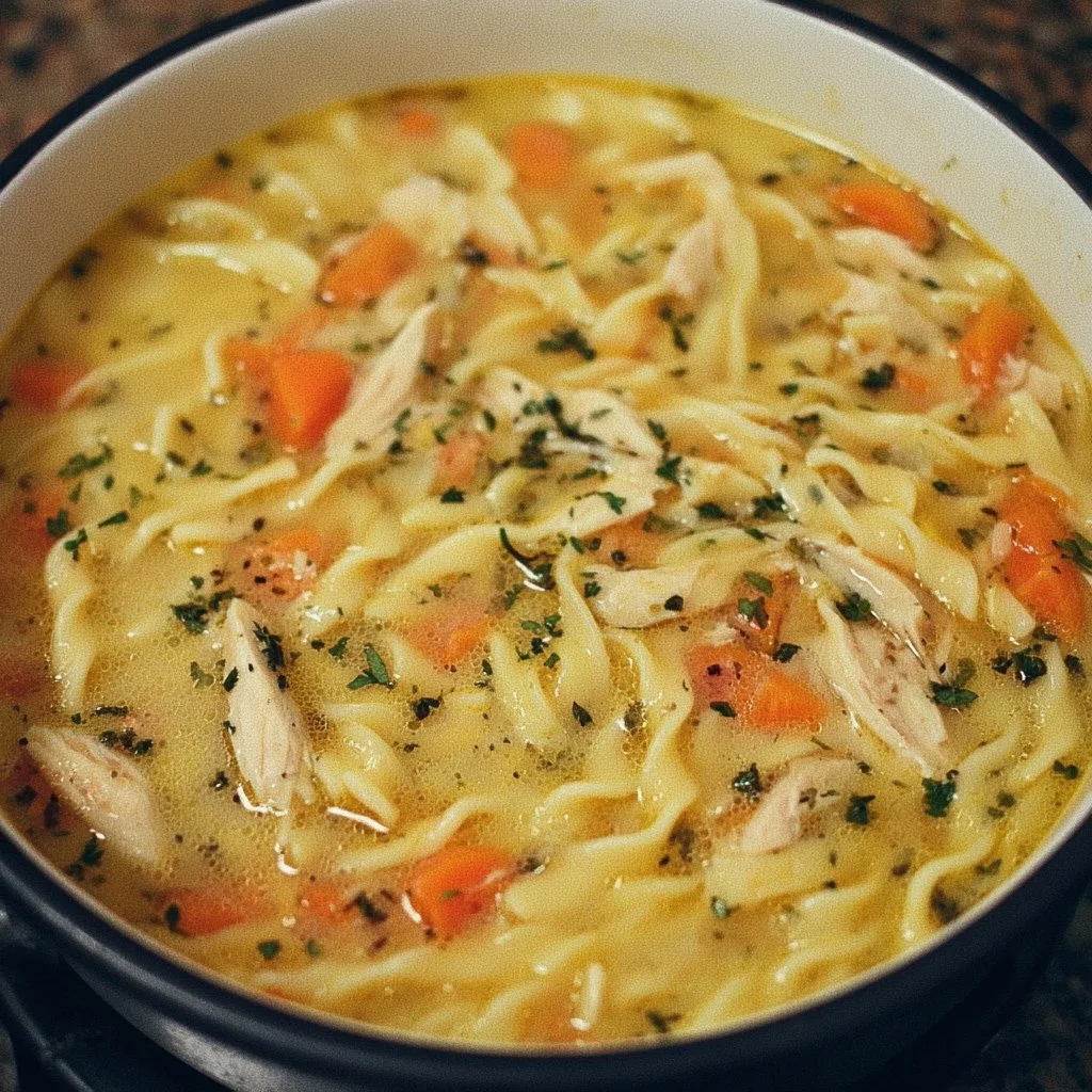 Bowl of Chicken Noodle Soup with vegetables and chicken on a wooden table
