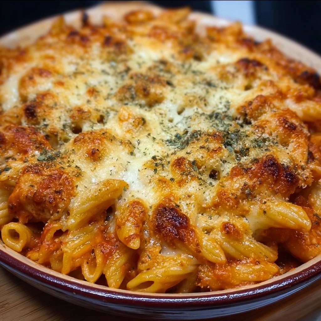 Delicious Chicken Parmesan Pasta Bake with cheese and marinara sauce