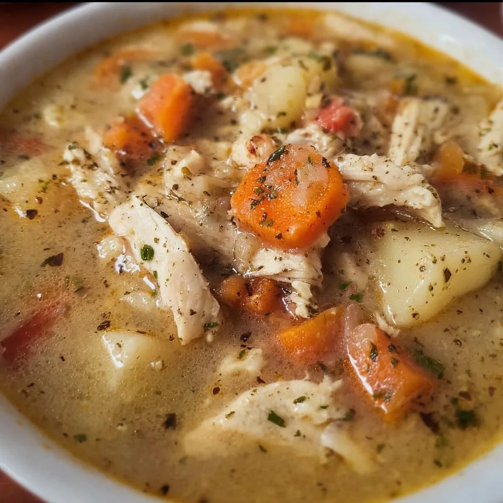 Bowl of hearty Chicken Vegetable Soup with colorful vegetables.